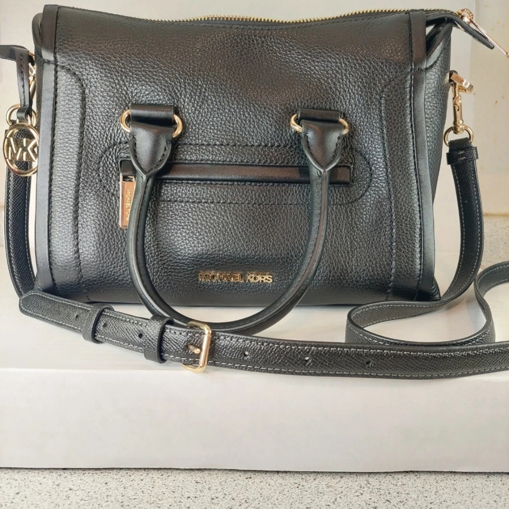 Michael Kors Black and Gold Carine Leather Medium Crossbody Satchel Bag